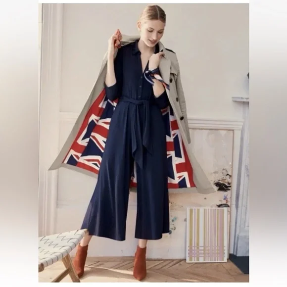 Boden Beatrice Jersey Jumpsuit Navy 3/4 Sleeve Tie Waist - Picture 1 of 8